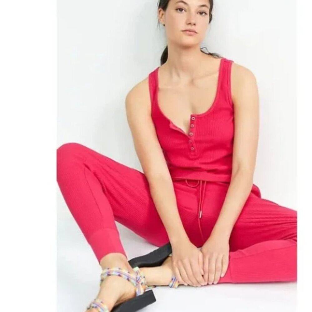 NWOT Anthropologie Daily Practice Henley 2 Piece Lounge Set Hot Pink Size 1X